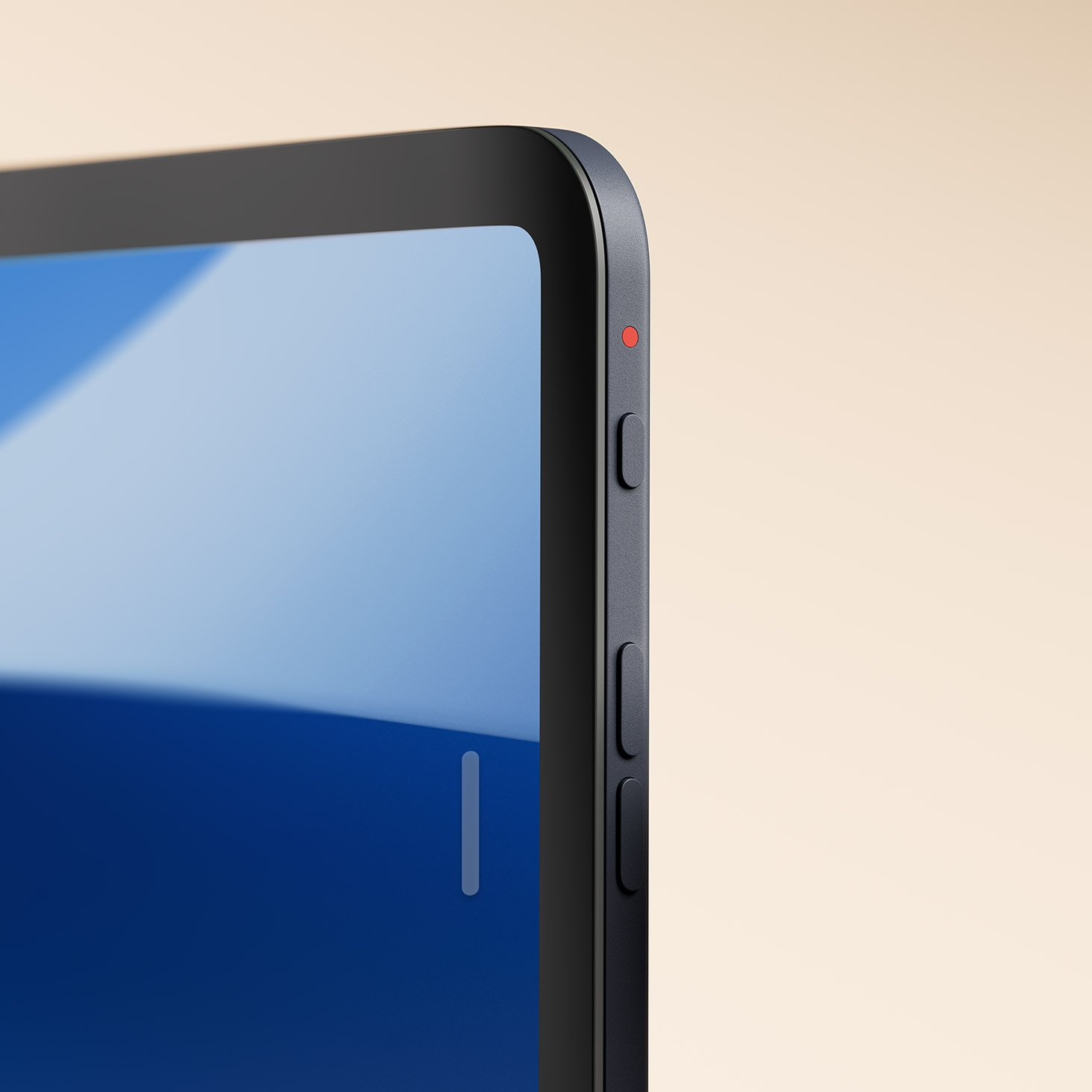 Close-up side view of an Echo Show 8 device showing its black frame, red indicator light, and physical buttons on the side. The screen displays a blue interface.