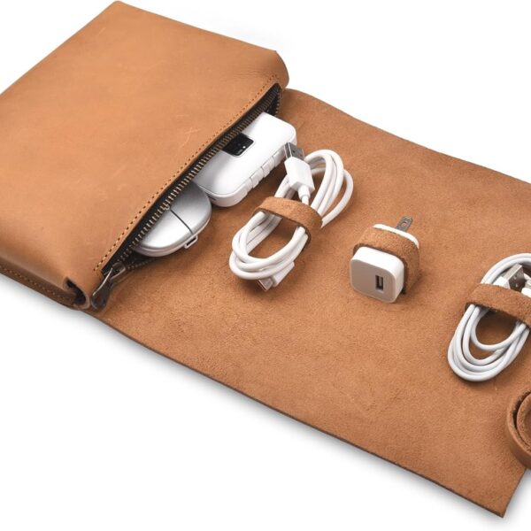 Second image of Leather Tech Pouch for Cables Chargers Phone | Tech Bag | Zipper Travel Accessory Pouch