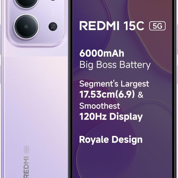 Redmi 15C 5G (Dusk Purple, 4GB RAM, 128GB Storage) | MediaTek Dimensity 6300 5G Processor | 6000mAh Battery with 35W Fast Charging | 50MP AI Dual Camera | 120Hz Display | With Adapter | Indian Version